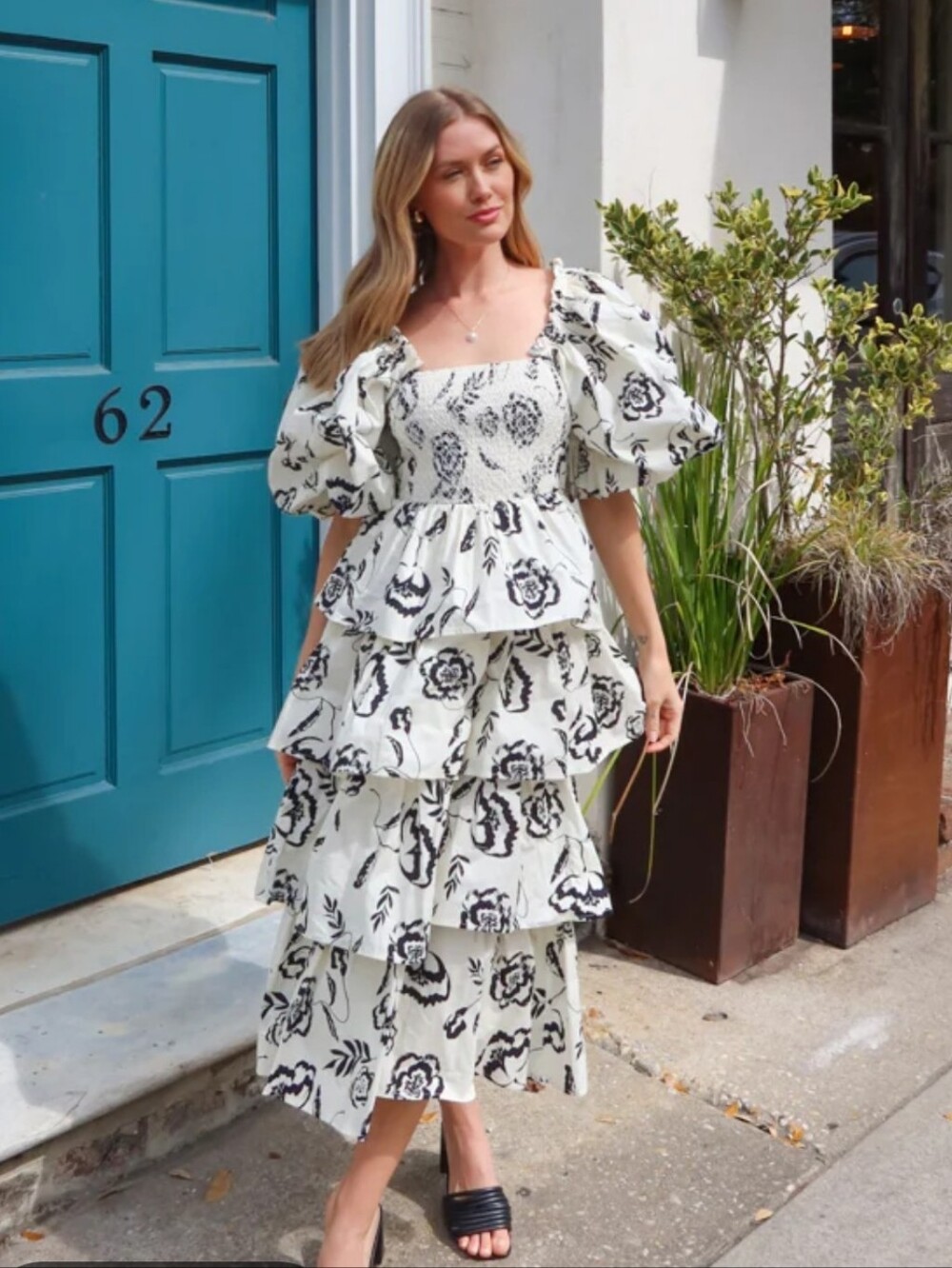 Off-White Floral Smocked Midi Dress with Puff Sleeves